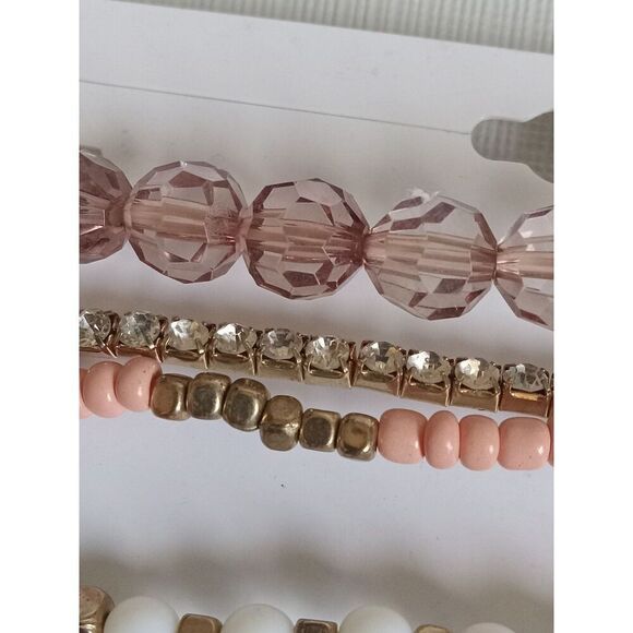 Charlotte Russe Set of 6 Gold Toned and Pink Assorted Beaded Elastic Bracelets - Picture 3 of 10